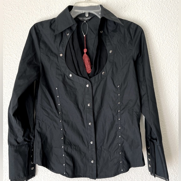 Lili Lalande Button snap down long sleeve black shirt Studded Sz M - Picture 1 of 14